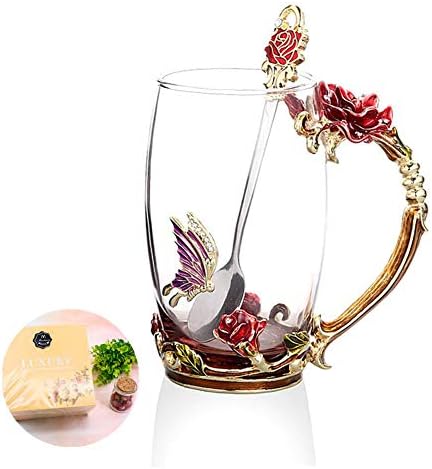 MOODUUTY Tea Cup, Mother's Day Gifts, Coffee Mug Cups, Glass Coffee Cups Tea Mugs Handmade Butterfly Rose,13 oz (Rose) Ideal for Friend Wedding Anniversary Birthday Presents