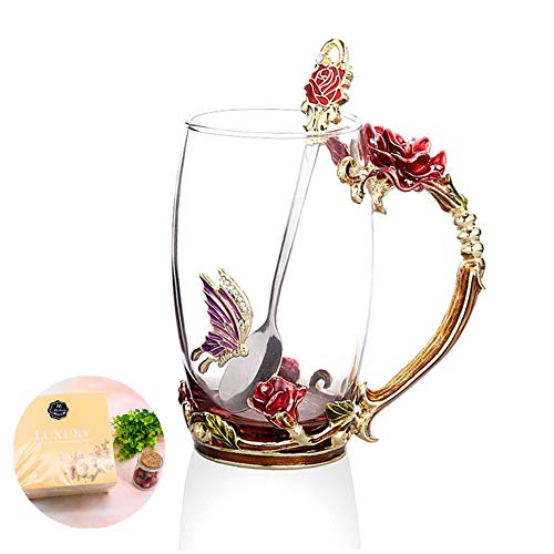MOODUUTY Tea Cup, Mother's Day Gifts, Coffee Mug Cups, Glass Coffee Cups Tea Mugs Handmade Butterfly Rose,13 oz (Rose) Ideal for Friend Wedding Anniversary Birthday Presents