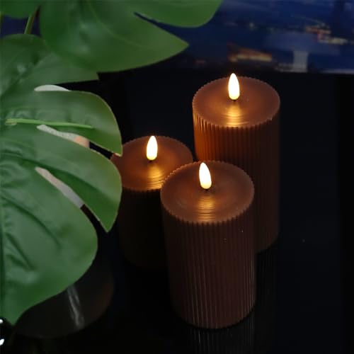Image of 3 Pack Wax LED Flameless Candles with Remote Real Wax Battery Operated Electric Pillar Candle Set with Vertical Stripes 3D Black Wick for Home Party Wedding Decorations, Brown, D 3 x H 4 /5 /6 inch