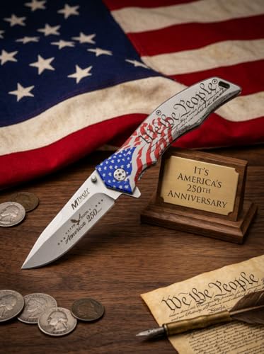 MTECH USA 250th Anniversary America Folding Pocket Knife – Stainless Steel Blade with Etched Art – Anodized US Flag Aluminum Handle – Pocket Clip Included (We the People)