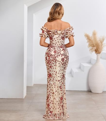 Image of dasmzper Women Sexy Sequin Off Shoulder Ruffle Short Sleeve Bodycon Mermaid Party Formal Evening Maxi Dress