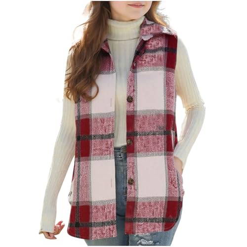 Girls Plaid Jacket Sleeveless Spread Collar Curved Hem Button down Vest Casual Color Block Comfy Fall Winter Outwear