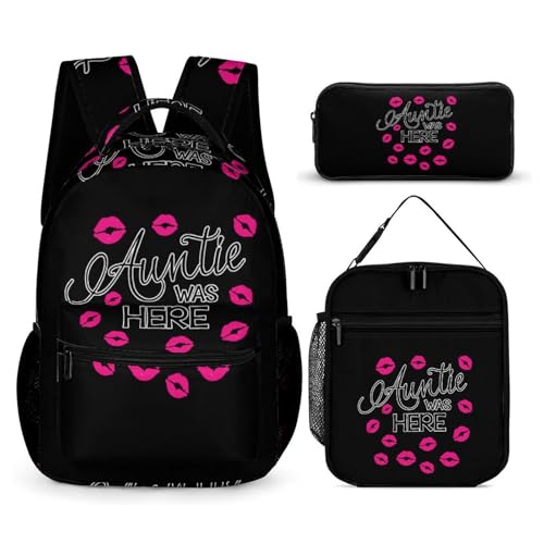 Auntie Was Here Funny Backpack Set Lunch Bag Pencil Case Makeup Bag 3 in 1 for Men Women Travel