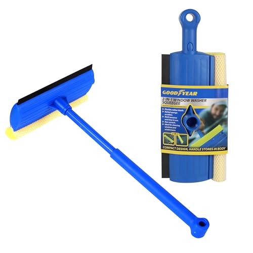 Goodyear 2 In 1 Window Squeegee Flexible Rubber Blade| Netted Sponge Scrubber| Multi-purpose And Easy To Use| Non - Scratch| Ideal For Cleaning Windows And Windscreens| Compact Design Easy Storage