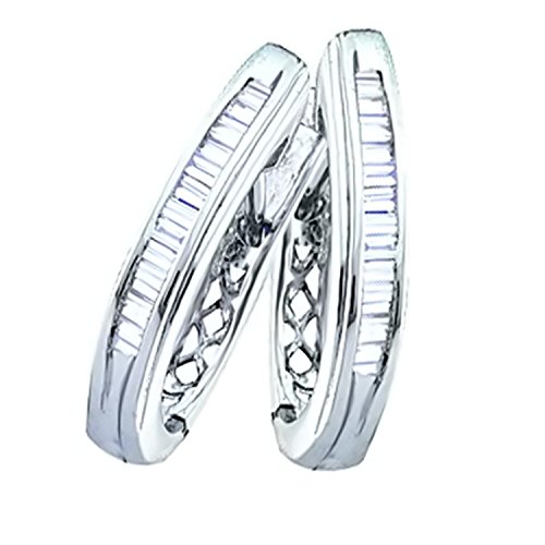 Sterling Silver Beautiful Baguette Diamond Channel Set Fine Oblong Hoop Earrings 1/4 Ctw.