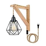 Frideko Hanging Lamps That Plug into Wall Outlet - Wall Lamp with Plug in Cord, Farmhouse Plug in Wall Sconces, Rustic Wall Mount Lamp with Wood Shelf Bracket & Switch for Hallway,Living Room