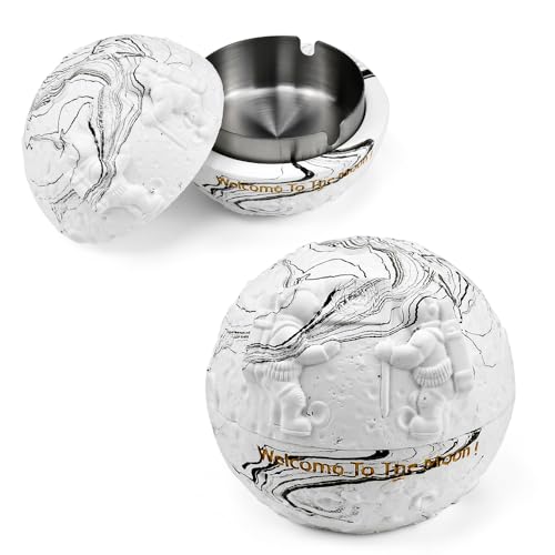 DKEROSS Cendrier en Beton et Intérieur en Inox avec Couvercle - Design Moderne Lune à Motif Astronaute, Poubelle de Table Exterieur