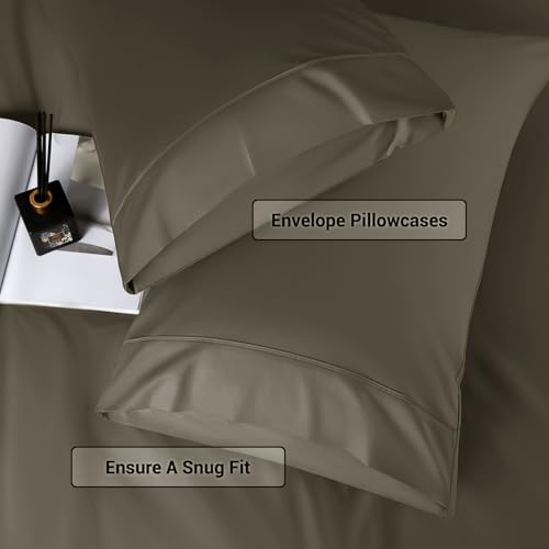 Image of Shilucheng 4 Piece Full Sheet Sets, Cooling Sheets, Blend Rayon Derived from Bamboo, Deep Pocket Up to 16 inch, Breathable & Soft Bed Sheets, Hotel Silky Bedding Set, Taupe