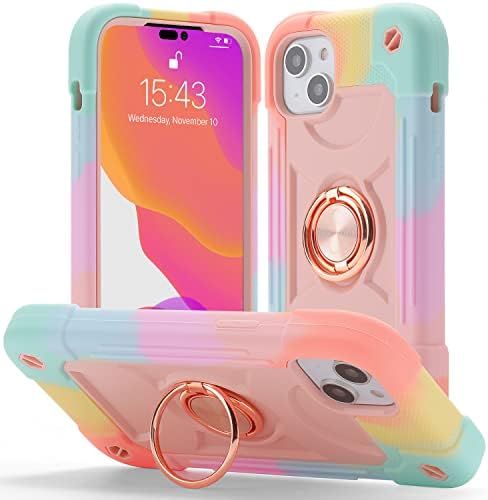 JIFVIK Compatible with iPhone 14 case/iPhone 13 case 6.1 inches with Ring, Soft Silicone and Hard PC Full Body Armor Cover, 【Military Grade Protection】 Heavy Duty Protective case. (Colorful-Pink)
