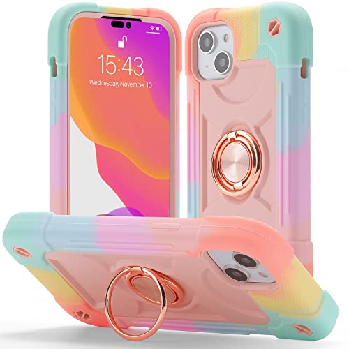 Jifvik Compatible With Iphone 14 Case/Iphone 13 Case 6.1 Inches With Ring, Soft Silicone And Hard Pc Full Body Armor Cover, 【Military Grade Protection】 Heavy Duty Protective Case. (Colorful-Pink) #TOP2