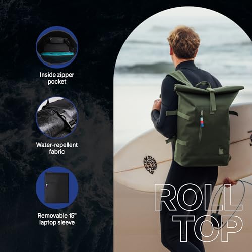 GOT BAG - ROLLTOP Backpack, Hiking & Travel with a 15” Laptop Sleeve, Eco-Conscious Bag Made of Recycled Ocean Impact Plastic™ (Algae Color)4