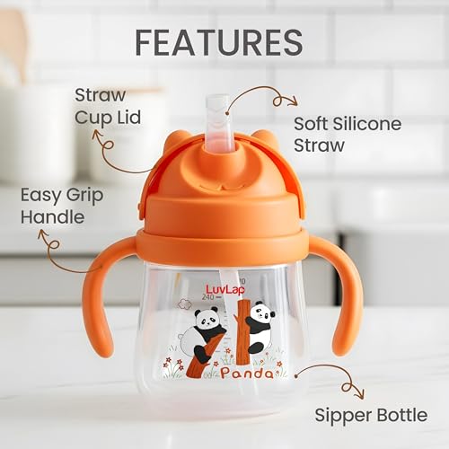 Image of LuvLap Joy Anti Spill Sipper for Kids with Twin Easy-Grip Handles, 270 ml, Sippy Cups with Soft Silicone Straw, Training Cup for Kids,Water Bottle, Non-Toxic & BPA Free, 1 Year+ (Orange)