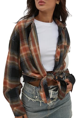 Image of CHYRII Womens Button Down Flannel Shirts Long Sleeve Plaid Shackets Business Casual Blouse Top