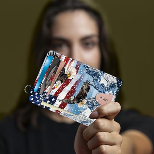 Image of Small Travel Wallets, Eagle Iceberg American Flag Slim Minimalist Front Pocket Wallet with Wristlet, RFID Blocking PU Leather Credit Card Holder with ID Window Change Purse for Men Women