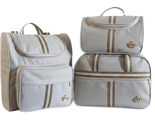 Kit Classic Bege Bolsas Maternidade 03 Peças Bege Creme com Faixa Marrom