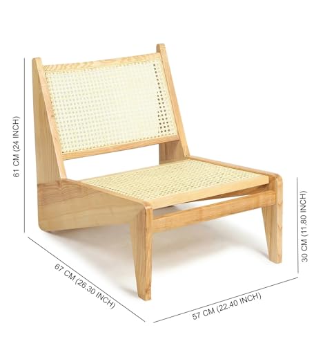 Image of Handcrafted Natural Wood Lounge Chair with Cane Rattan Weave, Modern Minimalist Design, Indoor Living Room Accent