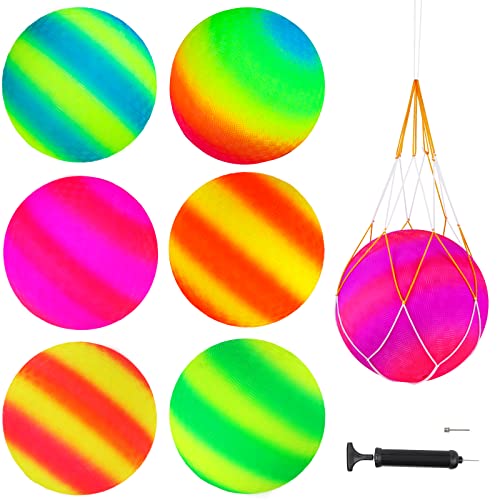 6 Pack 8.5 Inch Playground Balls With Hand Pump And 6 Portable Ball Net Bags Inflatable Rainbow Sports Balls For Kids Toddlers Adults Kickballs Dodgeball Handballs Recess Balls Indoor Outdoor Games #TOP2