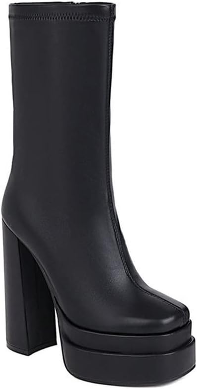 HOTRA Punk Platform Mid Calf Boots for Women Square Toe Zipper Chunky High Heel Sexy Gothic Combat Boots Party Shoes (Color : Patent Leather, Size : 8 US)