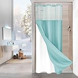 MitoVilla Teal Small Stall Shower Curtain 36 x 72, Turquoise Narrow Half Size Waffle Weave Fabric Shower Curtain with Water-Repellent Snap-in Liner for Aqua Modern Neutral Hotel Bathroom Decor