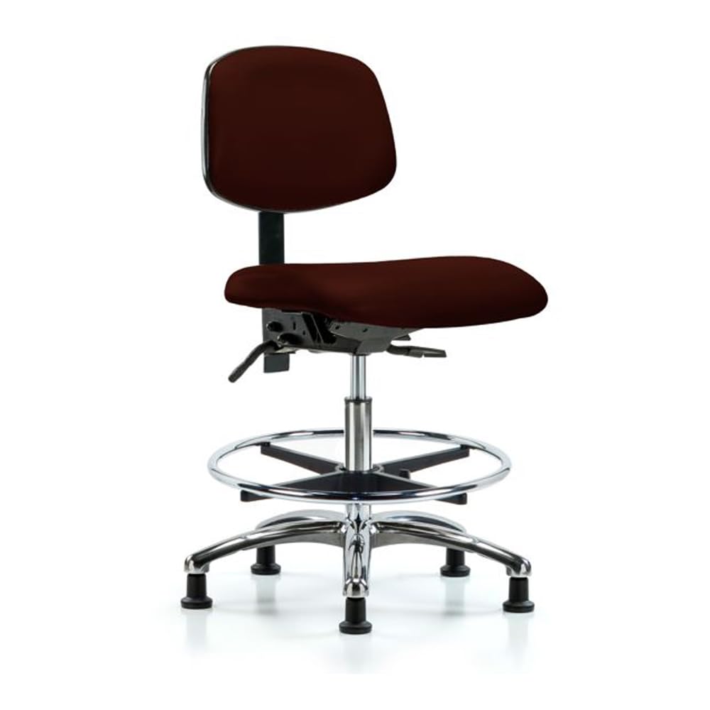 E COM VMBCH-CR-CF-T1-A1-BURGANDY Vinyl Medium Bench Height Chair with Chrome Base, With Chrome Foot Ring and Tilt Seat and 6 Way Adjustable Arms, 21" to 28" Adjustable Height, Burgandy