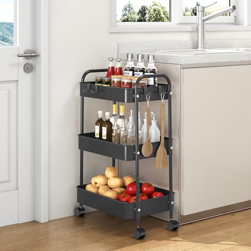 TOOLF 3 Tier Rolling Storage Cart, Metal Utility Cart with Hooks Trolley on Wheels Storage Organizer Serving Cart Mobile Craft Cart for Office, Bathroom, Kitchen, Kids\' Room, Classroom Black