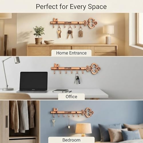 Image of Royal Chavi-Shaped Key Holder /Rajwadi Key Stand with 6 Hook & Brass Metal Wall Mount Key Hanger /Home Decor Gift (Rose Gold)-| 3 Years Warranty |