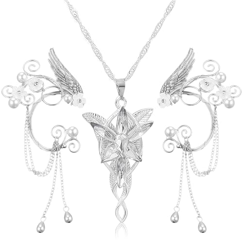 3 Stück Elfen Kostüm Damen Set, Flügel Blätter Ohrringe und Halskette, Feen Kostüm Damen, Ohne Ohrlöcher Perlen Blume Ohrringe für Elben Kostüme Feenkostüme Frauen Halloween Cosplay Kostüm