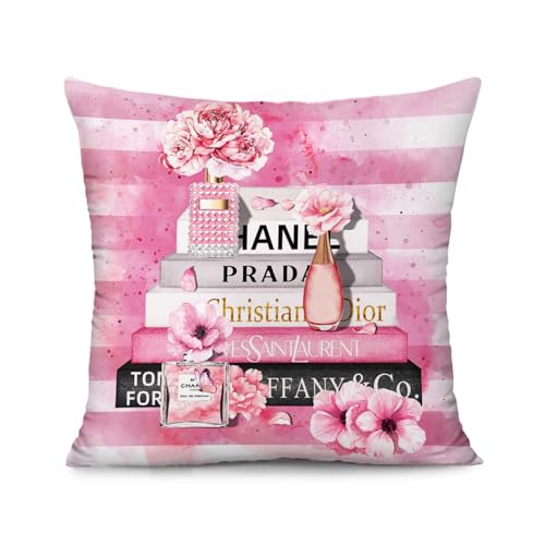 MULTIC Pink Throw Pillow Covers 18x18 Inch Fashion Floral Perfume Striped Decorative Pillow Cases for Women Girls Couch Bed Bedroom Decor Square Throw Pillow Cover