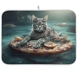 Schwimmende Pizza und Katzen auf dem Wasser, Küchen-Abtropfmatte, Abtropfmatte für Theke