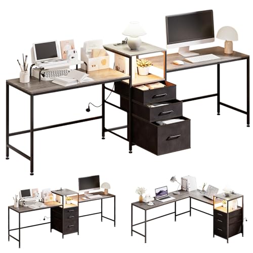 Yorbay Escritorio de oficina doble con enchufes: mesa de ordenador en forma de L con cajones de tela, estantería para impresora, mesa LED para juegos, escritorio de esquina para oficina, estudio, sala