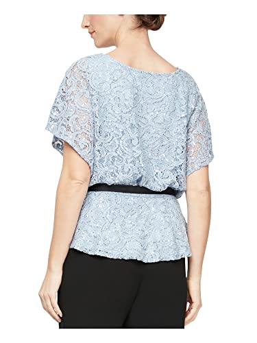 Alex Evenings Womens Light Blue Sequined Lined Self Tie Belt Flutter Sleeve Boat Neck Blouse M #TOP1