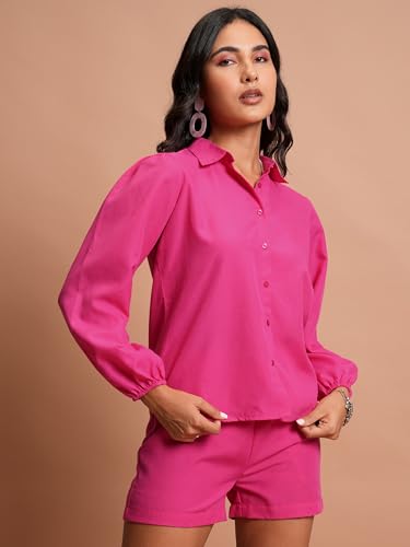 Image of Tokyo Talkies Elegant Bishop Sleeve Shirt & Shorts Co-ord Set | Chic & Effortless | Perfect for Casual & Semi-Formal Looks | Women Co-Ord Set | Co ord set for women