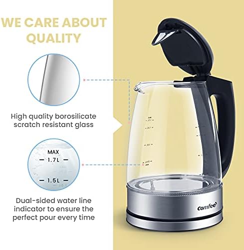 COMFEE' Glass Electric Kettle with Temperature Selection, 1.7L Hot Water Boiler BPA-Free, Cordless with LED Indicator, 2200W Fast Boil, Keep Warm Function, Auto Shut-Off and Boil-Dry Protection