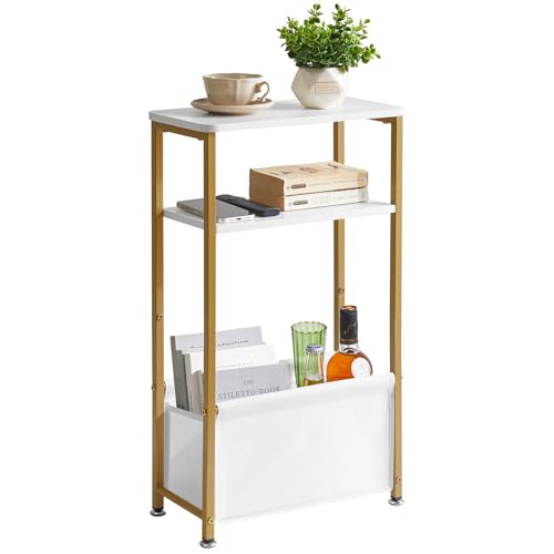 Aibiju Mesa Auxiliar Estrecha, Mesa Lateral Delgada con Cesta de Tela de Almacenamiento, Mesita de Noche para Espacio Pequeño, 40x20x66 cm para Sala de Estar, Blanco YD-ST002J