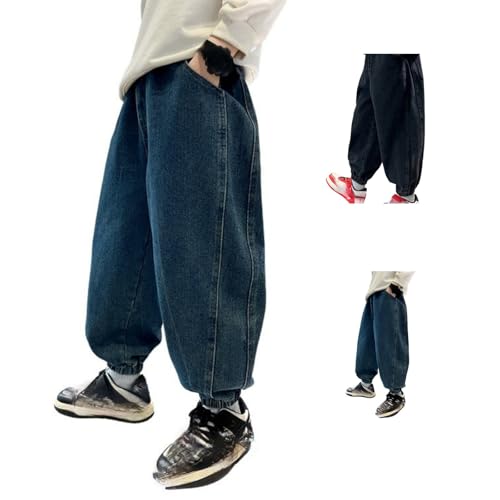 Kids Boys Jeans Baggy Straight Leg Denim Pants Elastic High Waist Trousers Trendy Preppy Y2k Streetwear with Pockets - Main Image