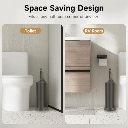 Image of Pewter Toilet Brush and Holder,Extra Long Handled Toilet Brush for Bathroom,Stainless Steel Heavy Duty Toilet Bowl Brush,Deep Cleaning Modern Toilet Cleaner Brush -Space Saving, Covered Brush