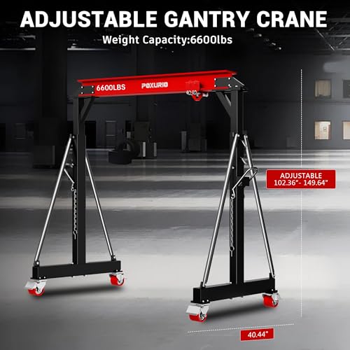 3 Ton 6600LBS Gantry Crane, 2026 Upgraded Trolley, Adjustable Height (8.53-12.47 FT), Width (9.06 FT), Steel I-Beam Construction, Portable Gantry Crane for Factories, Warehouses, Auto Repair, Red
