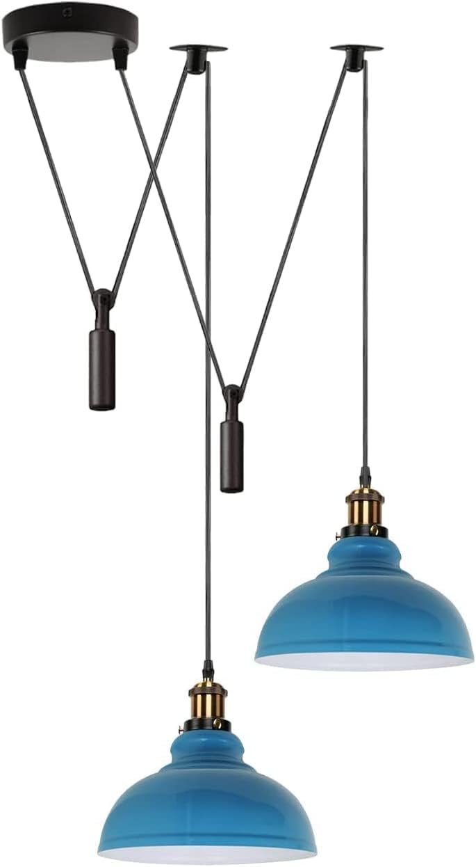 DC VOLTAGE 2 Head Spider Lamp Pendant Light Vintage Ceiling Fitting 29cm Metal Lamp Shade 60w E27 Base 195cm Adjustable Cord for Living Room, Kitchen Light Blue