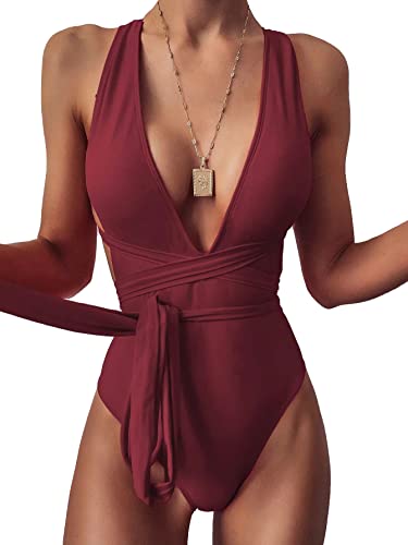 Image of Lilosy Sexy Tie Criss Cross Plunge One Piece Thong Swimsuit High Cut Brazilian Bathing Suit