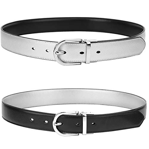 Falari Women Reversible Belt Genuine Leather Fashion Dress Belt With Single Prong Buckle 6027-Silver-M #TOP1