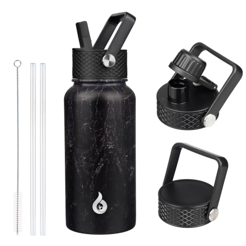 Image of BJPKPK Insulated Water Bottles with Straw Lid, 27oz Stainless Steel Water Bottle with 3 Lids, Leak Proof BPA Free Metal Thermo, Mugs, Tumblers, Keep Cold Hot -Midnight