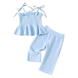 LUVCES Conjunto Ropa Bebé Niña para Verano Primavera Informal Top a Cuadros Con Volantes y Botones y Pantalones de Lino 2 Piezas para Niñas Pequeñas Azul 12-18 Meses