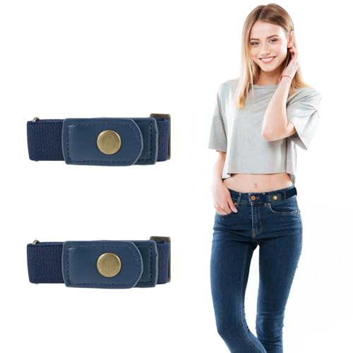 No Buckle Belts for Men,2 Pack Adjustable Buckless Belts Side Belts No Buckle for Women,Stretch Belt Loops for Pants Jeans (Blue)
