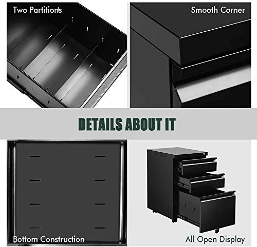 Black File Cabinet, 3 Drawer Mobile File Cabinet With Lock And Wheels, Under Desk Metal Filing Cabinet For Office，Lockable Rolling Cabinet With 2 Keys For Legal/Letter/A4 Size, Fully Assembled （A） #TOP3