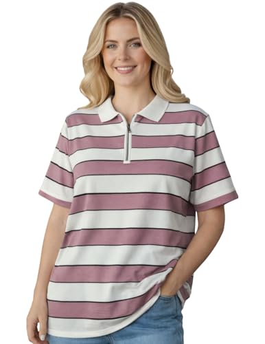 Image of Mack Jonney Women's Striped Polo T-Shirt | Half Zip Collar | Half Sleeve Cotton Casual Top | Relaxed Fit-M7496