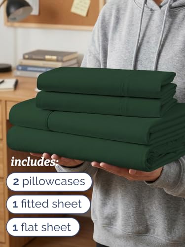 Image of Twin XL 4 Piece Sheet Set - College Dorm Room Essentials - Emerald | Ultra Soft Dorm Bedding Set, 8 inch to 16 inch Inch Deep Pockets, 1 Flat & 1 Fitted Sheet & 2 Pillowcases, Wrinkle & Fade Free