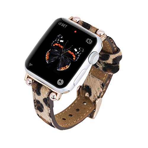 70% Off Everything Venito Foggia Leather Watch Band Compatible with Apple Watch Series 1, 2, 3, 4, 5, 6, 7, SE w/Stainless Steel Hardware (Furry Leopard w/Rose Gold Connector & Clasp, 42mm-44mm)