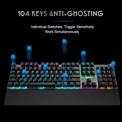 Aula True Mechanical Keyboard Wired Led Rainbow Backlit Gaming Keyboard With Clicky Blue Switches Detachable Wrist Rest, Full Size 108 Key Anti-Ghosting Computer Mechanical Keyboard - Black #TOP3