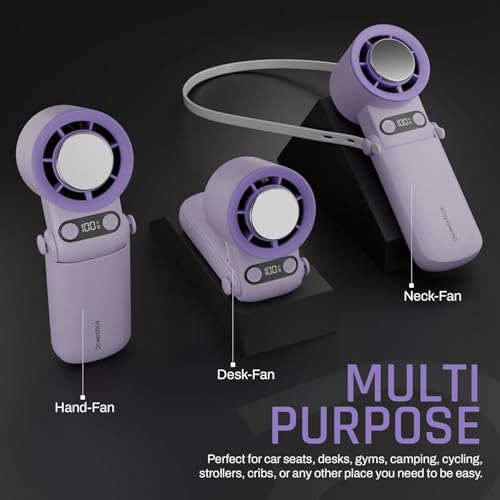 Image of Domestica Flo Hand Fan Rechargeable | 20000 RPM with IcyTouch | 4,000 mAh Battery [Up to 12H] | 3-in-1 Hand, Neck & Desk Fan | Portable & 180 Foldable Design | For Travel, Office, Makeup(Moon Berry)