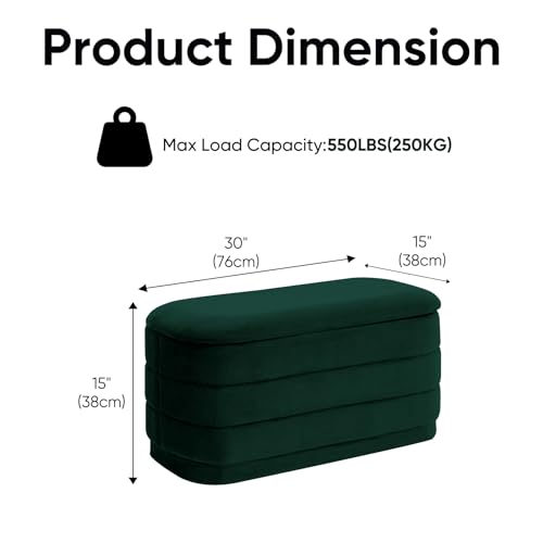 Image of 30 inch Velvet Storage Ottoman Bench with Wooden Tray Lid, Folding Large Upholstered Ottoman Footstool for Living Room, Rectangular Padded Foot Rest for Bedroom Living Room Dorm, Bottle Green